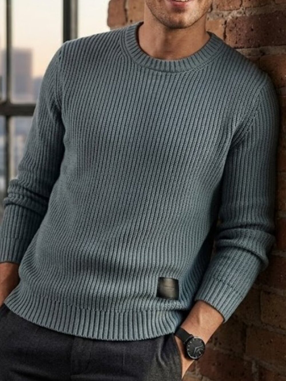 The Kooples Paris Blue Ribbed Knit Crewneck Sweater Cotton Wool Blend XL